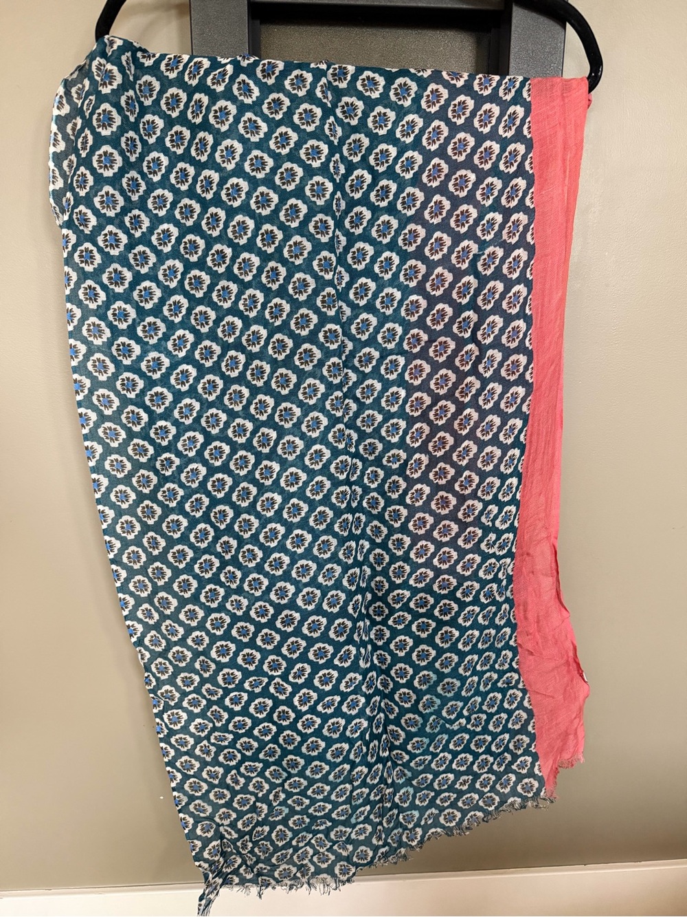 Barneys New York Linen Viscose Floral Scarf Wrap Teal Coral 72x21